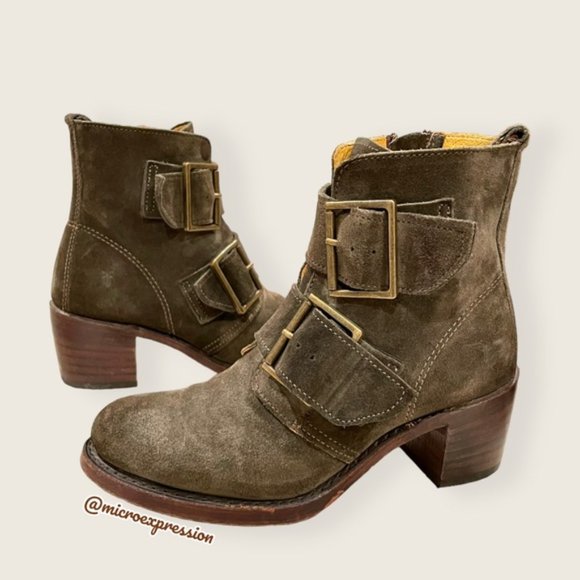 $399 Frye Sabrina Double Buckle Academia Green Suede Leather Moto Ankle Booties - Picture 8 of 15